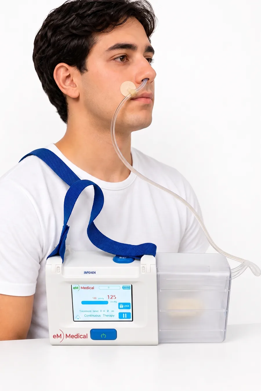 Paciente com sonda nasal e sistema de vácuo portátil